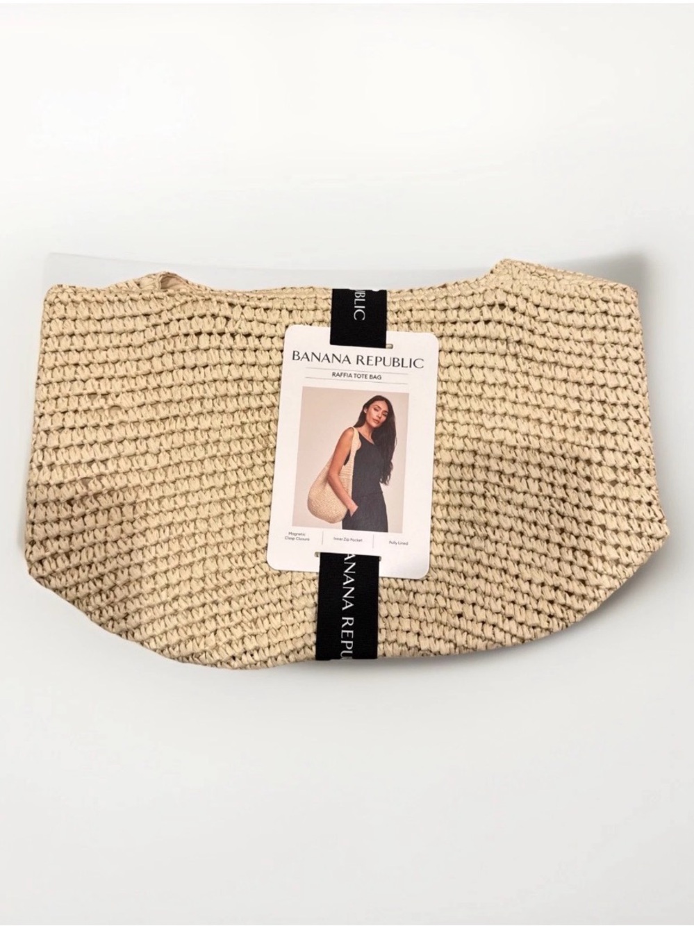 BANANA REPUBLIC RAFFIA TOTE BAG Boho Crochet Shoulder Bag — Cream Straw Tote - Picture 10 of 14